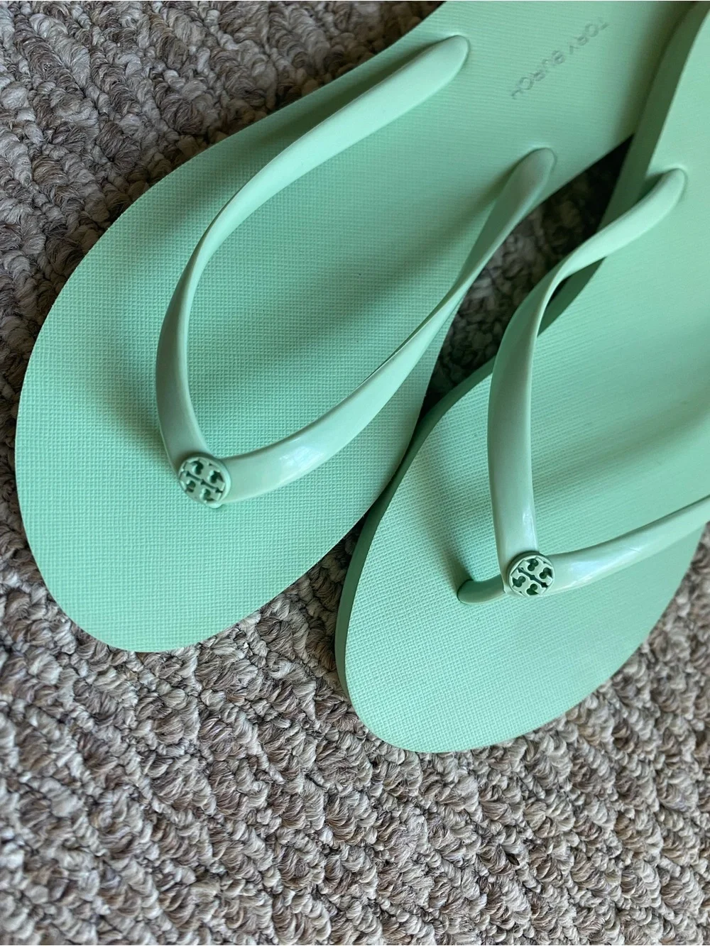 Tory Burch Mint Green Flip Flop Sandals with Logo Medallion